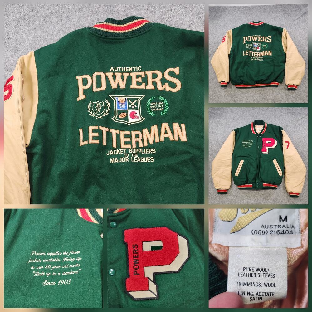 VTG 90s Powers Letterman Jacket Mens Medium Green Wool‎ Leather Varsity Bomber
